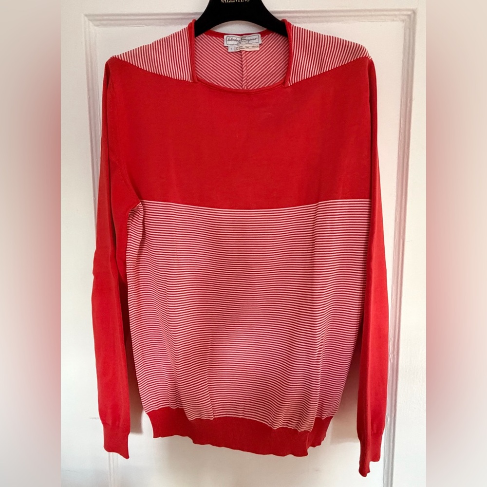 Salvatore Ferragamo Red and White Off-the-Shoulder Sweater